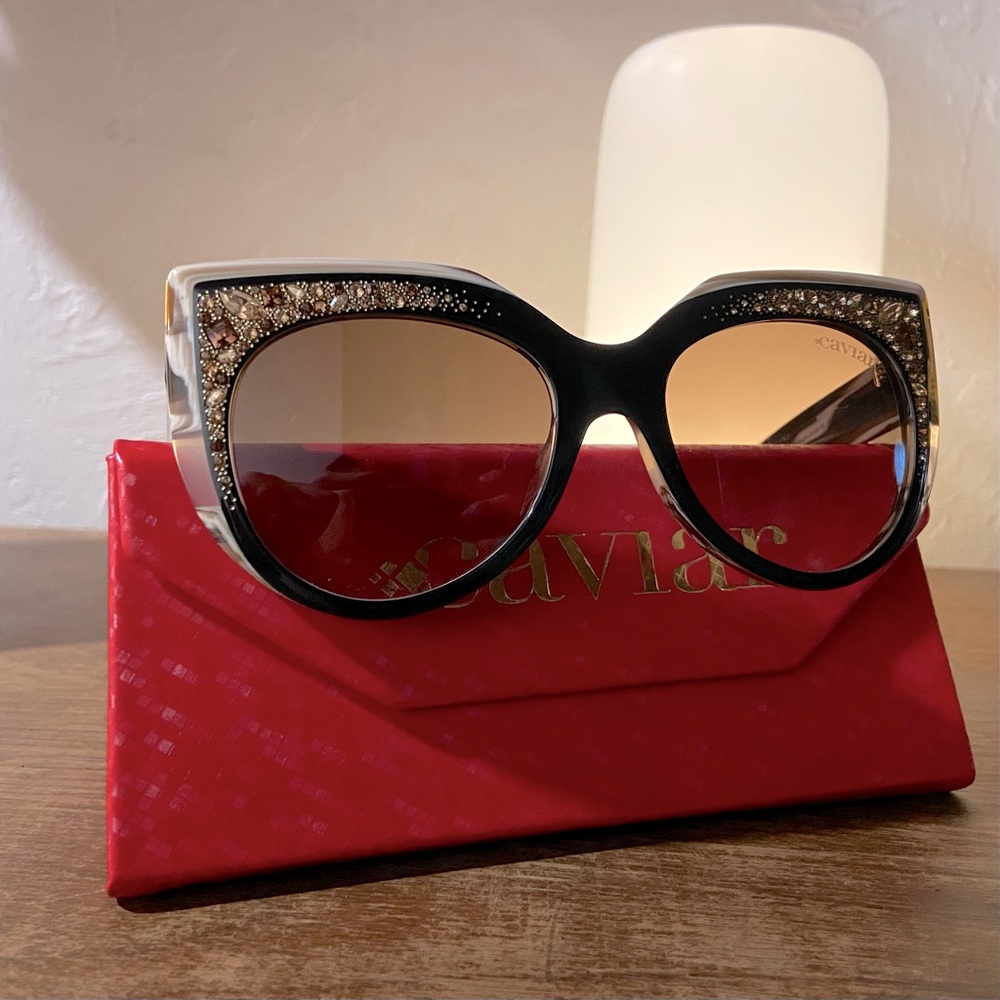 Caviar Women's Black & White Crystal Cat-Eye Sunglasses